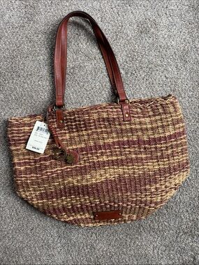 Lucky Brand NWT Woven Straw Kenya Tote Bag with Brown Leather Straps-Brown & Tan